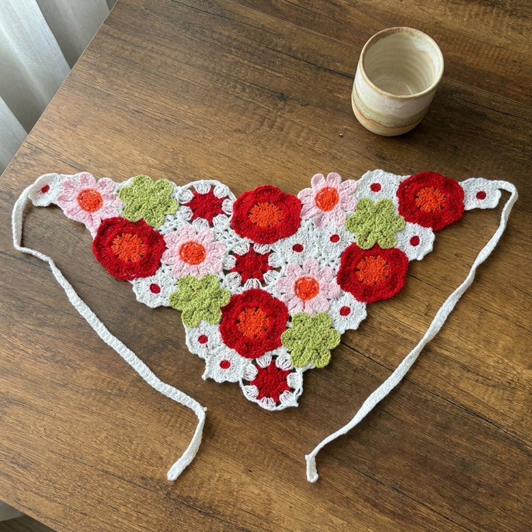 Bahçe Desenli Renkli El Örgüsü Bandana – Saç ve Bel Aksesuarı-B002