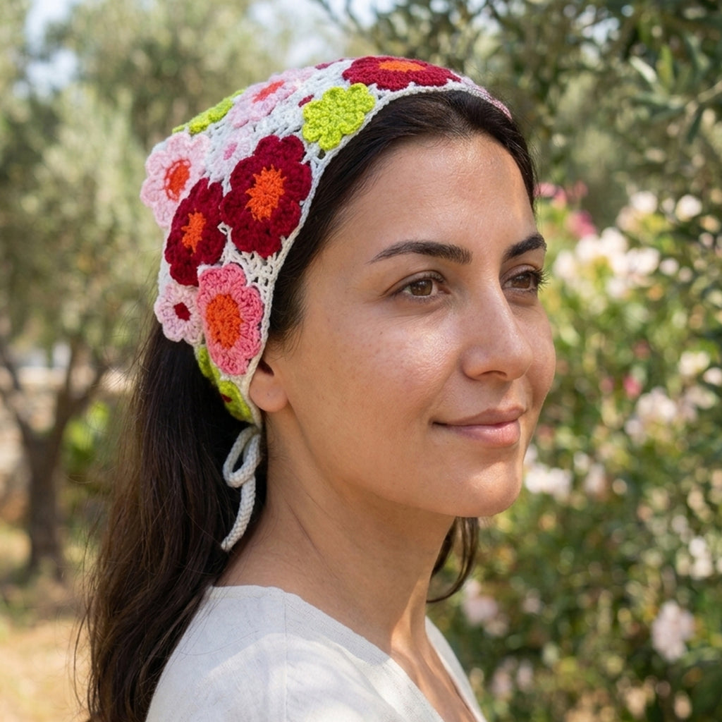 Bahçe Desenli Renkli El Örgüsü Bandana – Saç ve Bel Aksesuarı