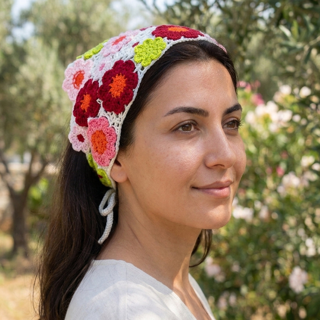 Bahçe Desenli Renkli El Örgüsü Bandana – Saç ve Bel Aksesuarı