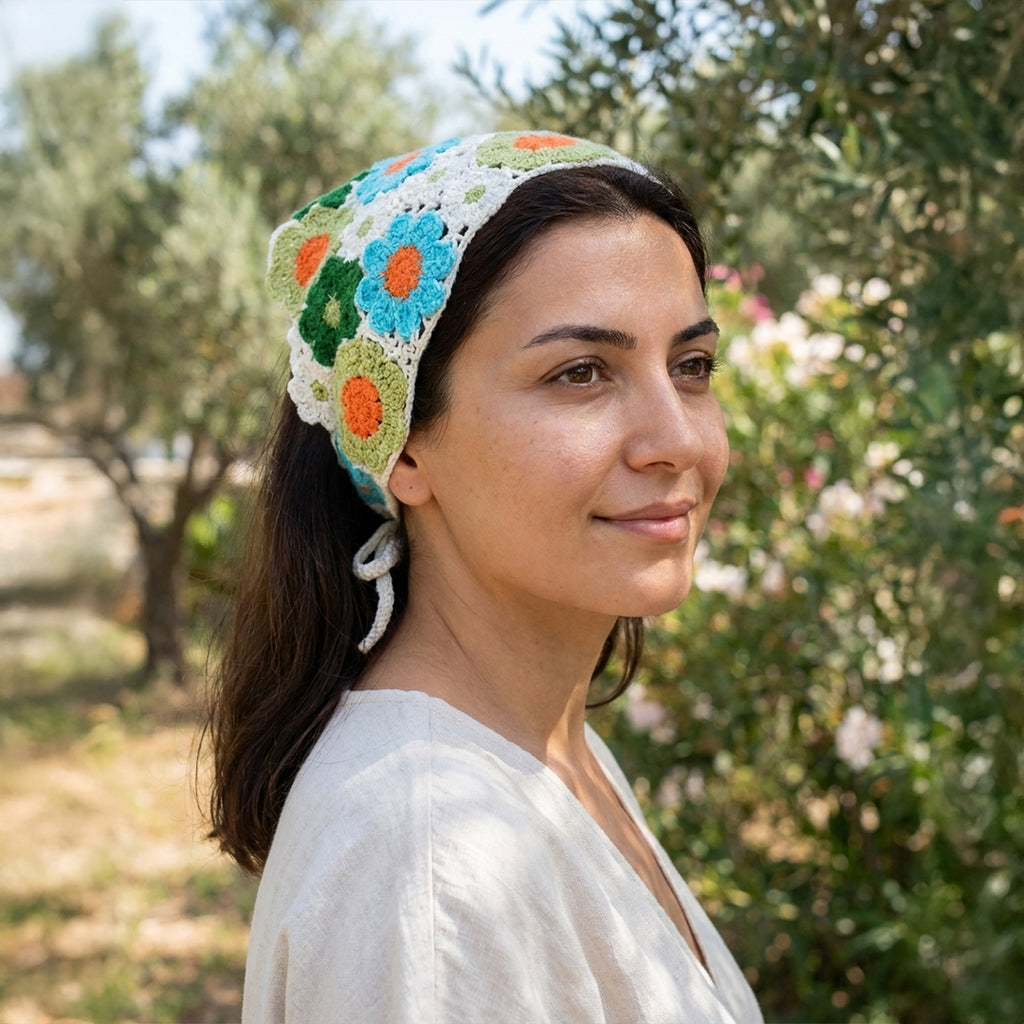 Bahçe Desenli Renkli El Örgüsü Bandana – Saç ve Bel Aksesuarı
