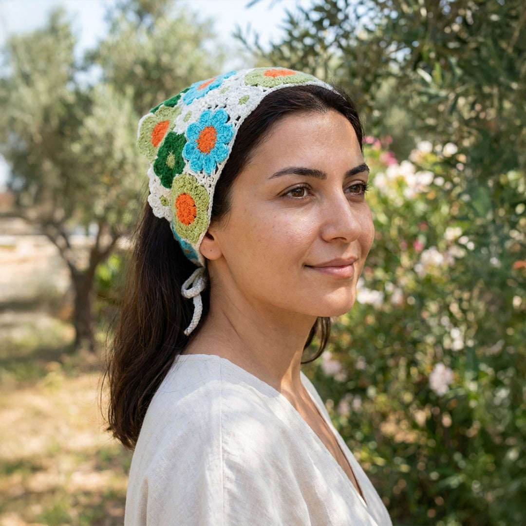 Bahçe Desenli Renkli El Örgüsü Bandana – Saç ve Bel Aksesuarı