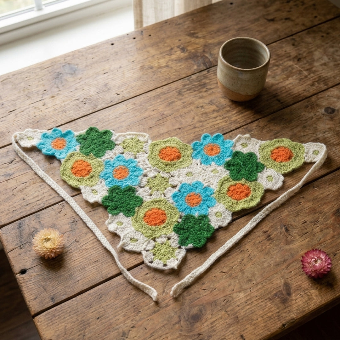 Bahçe Desenli Renkli El Örgüsü Bandana – Saç ve Bel Aksesuarı