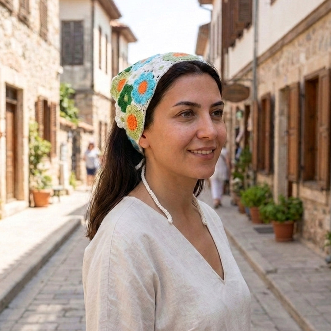 Bahçe Desenli Renkli El Örgüsü Bandana – Saç ve Bel Aksesuarı