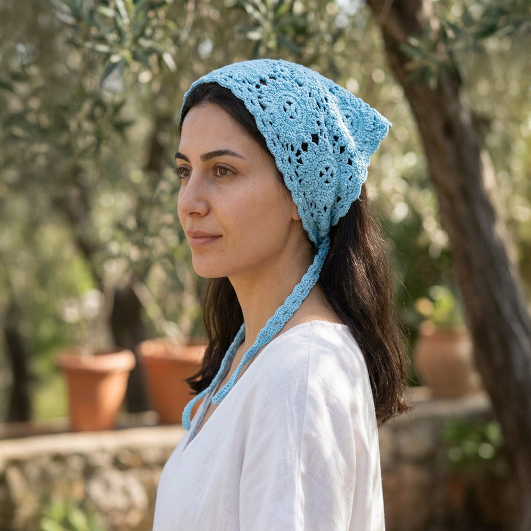 Çiçek Dantelli Örgü Bandana | Pudra Pembe ve 5 Farklı Renk
