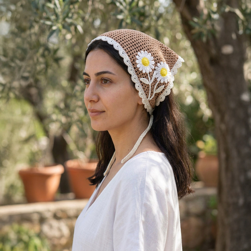 Papatya Desenli Fileli Örgü Bandana – Yazlık Saç Aksesuarı