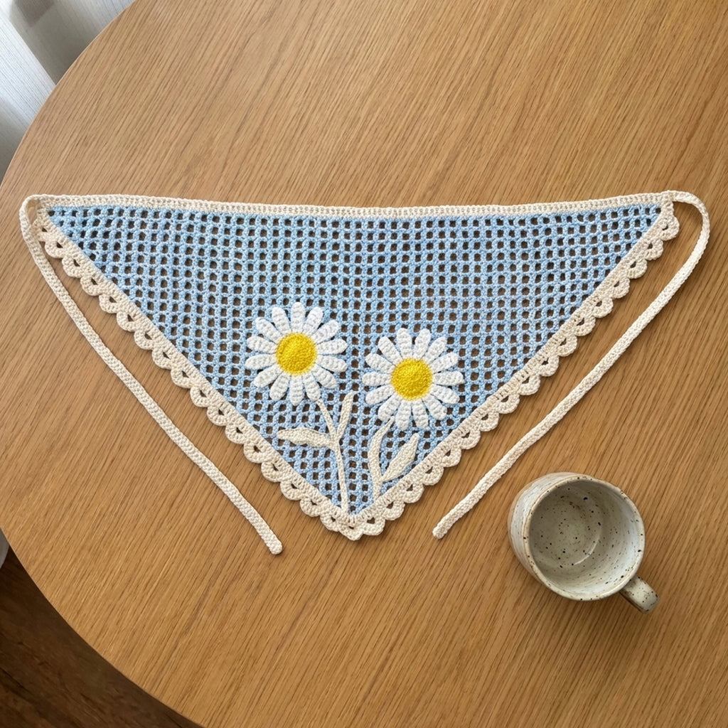 Papatya Desenli Fileli Örgü Bandana – Yazlık Saç Aksesuarı