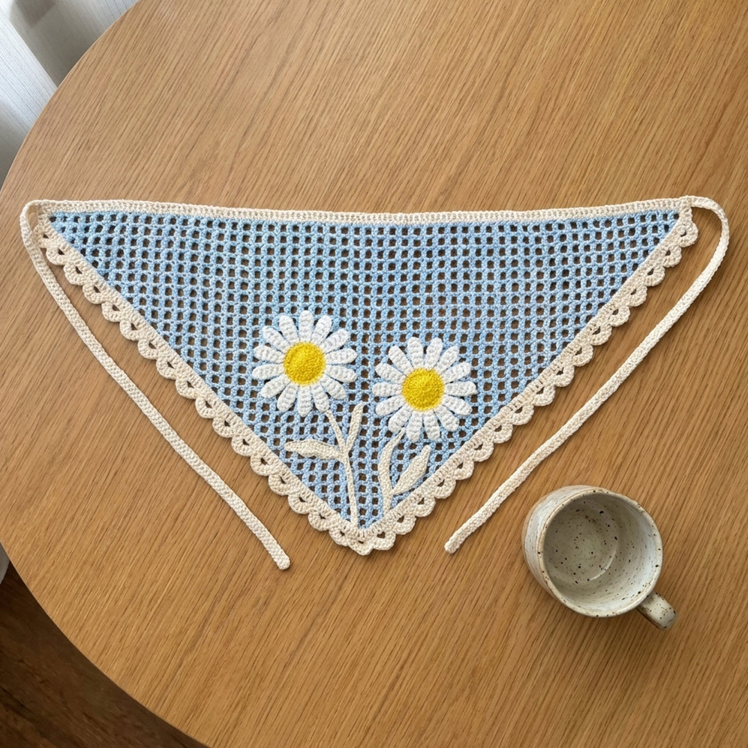 Papatya Desenli Fileli Örgü Bandana – Yazlık Saç Aksesuarı