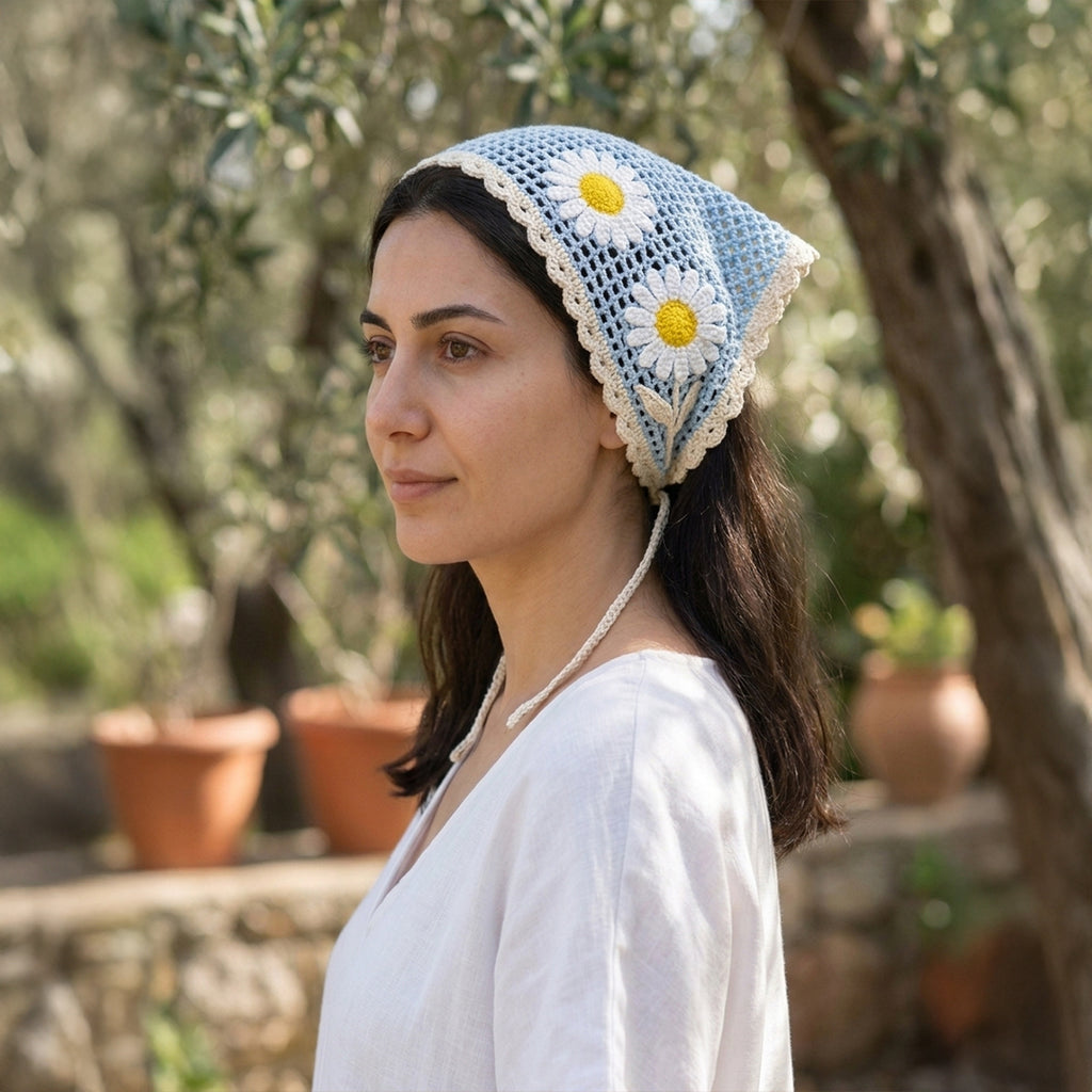 Papatya Desenli Fileli Örgü Bandana – Yazlık Saç Aksesuarı