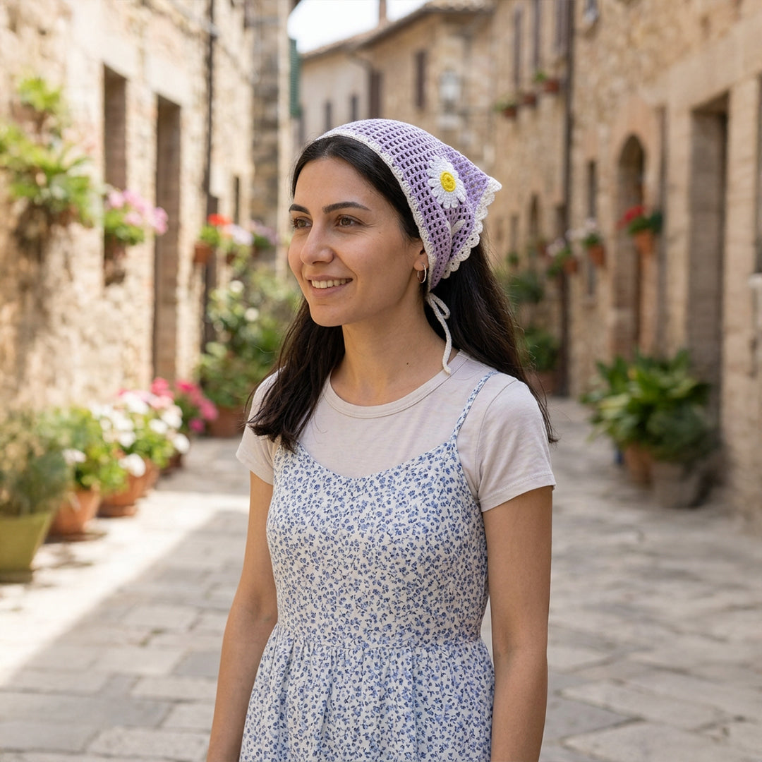 Papatya Desenli Fileli Örgü Bandana – Yazlık Saç Aksesuarı