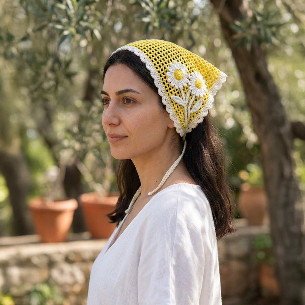 Papatya Desenli Fileli Örgü Bandana – Yazlık Saç Aksesuarı