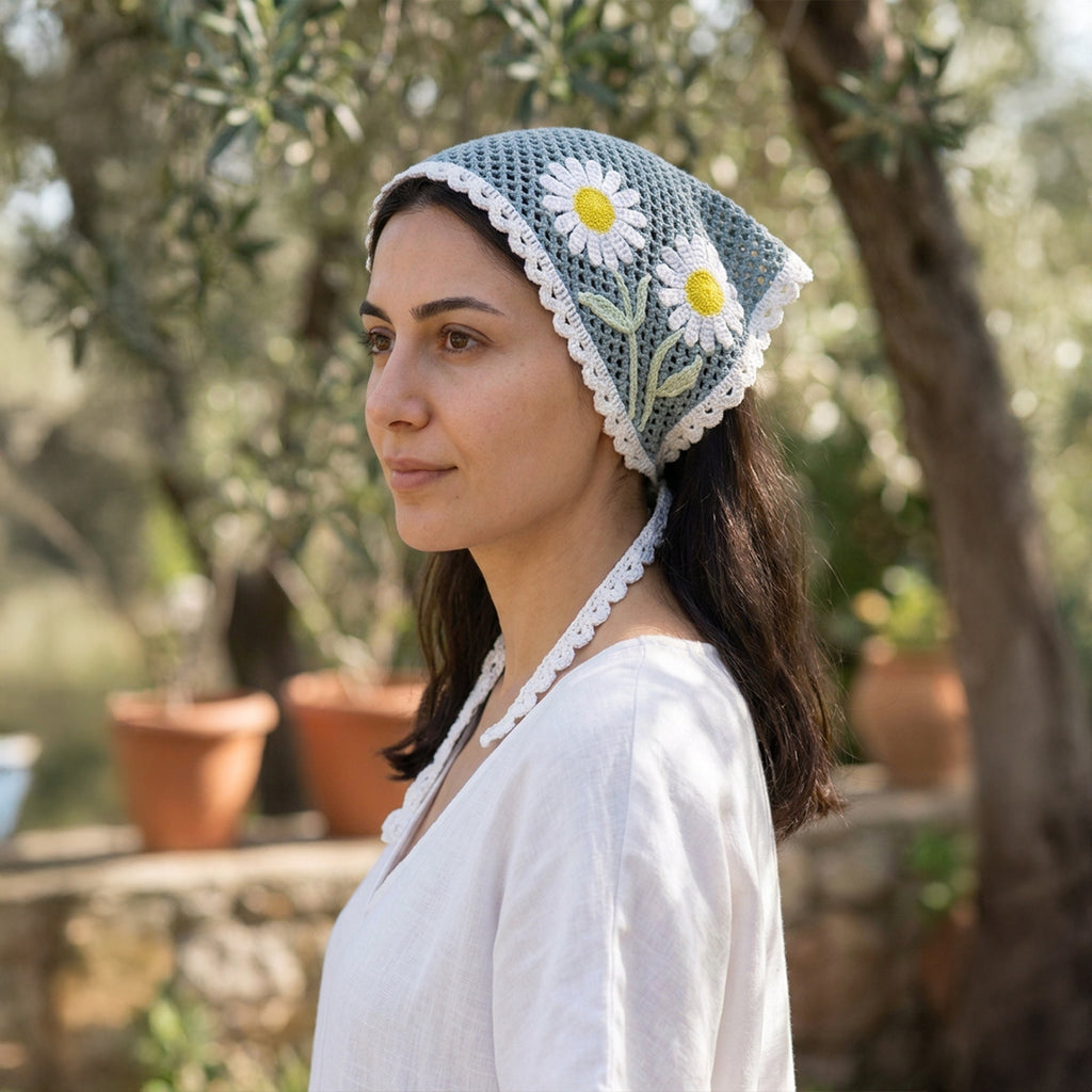 Papatya Desenli Fileli Örgü Bandana – Yazlık Saç Aksesuarı
