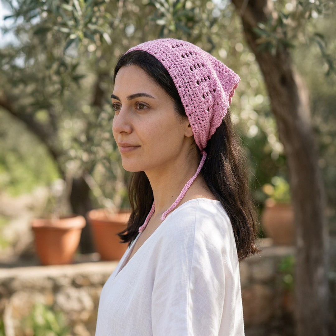 Çiçek Dantelli Örgü Bandana | Pudra Pembe ve 5 Farklı Renk