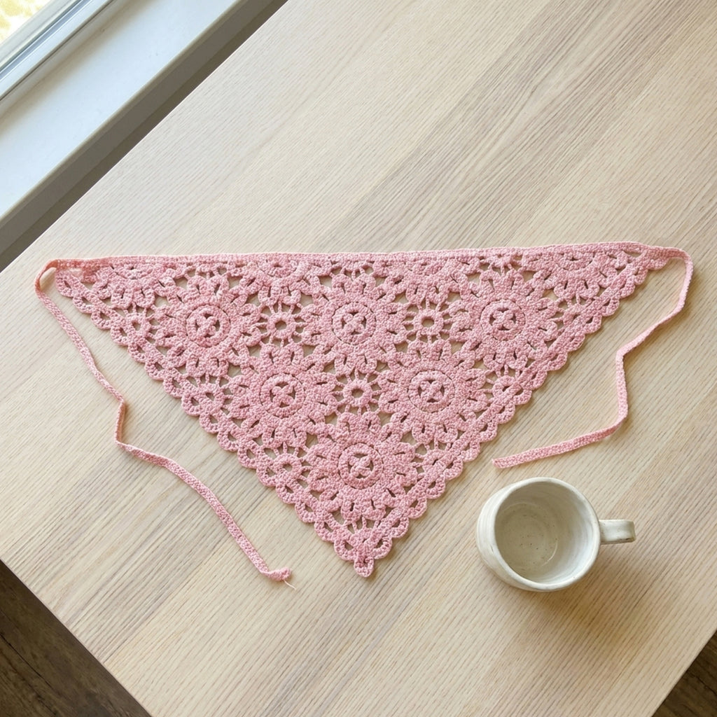 Çiçek Dantelli Örgü Bandana | Pudra Pembe ve 5 Farklı Renk