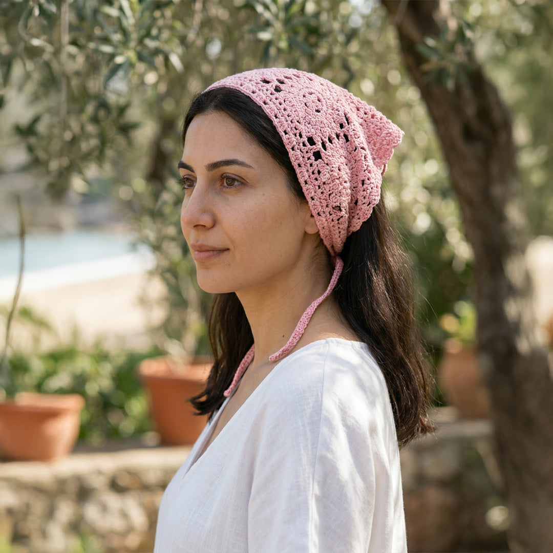 Çiçek Dantelli Örgü Bandana | Pudra Pembe ve 5 Farklı Renk