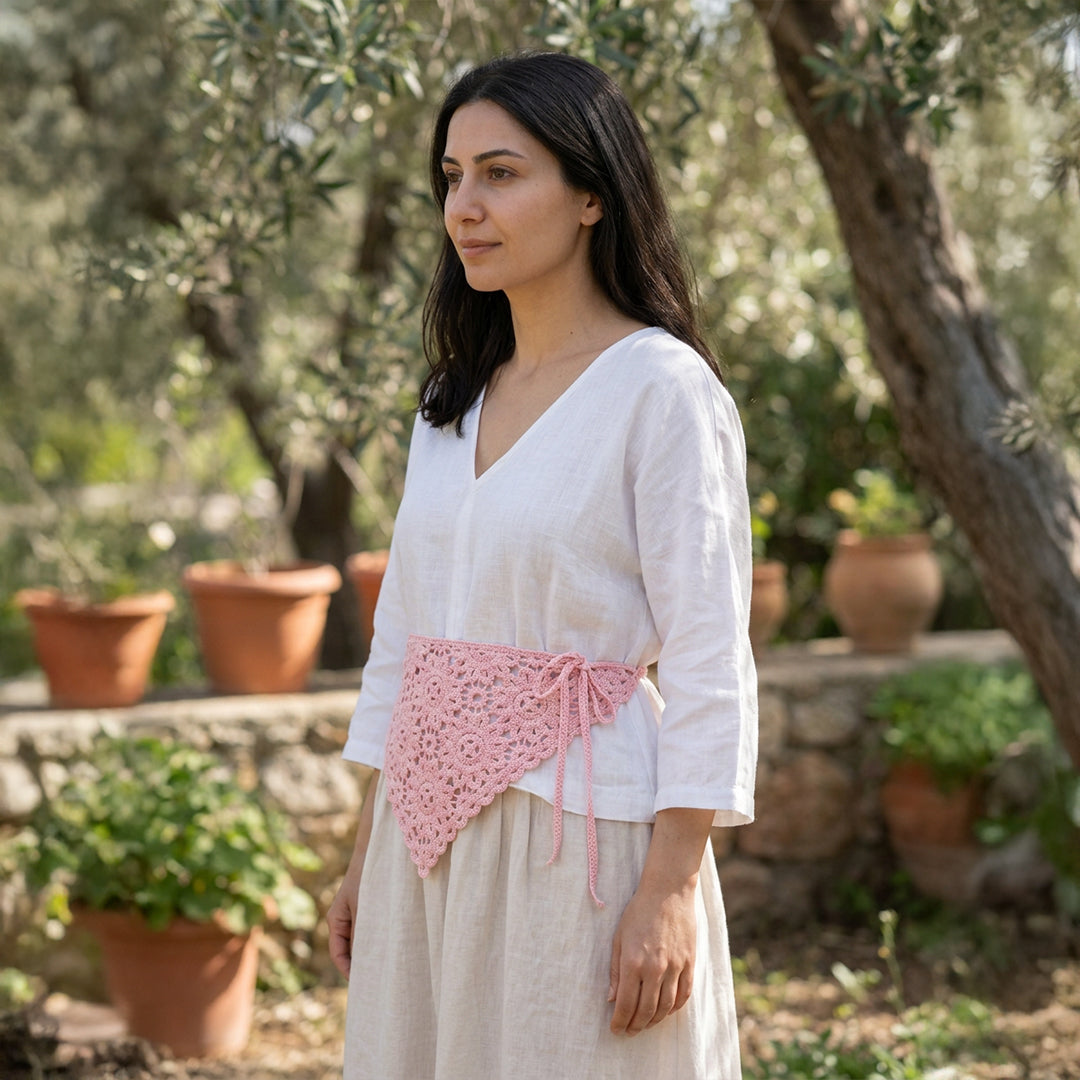 Çiçek Dantelli Örgü Bandana | Pudra Pembe ve 5 Farklı Renk