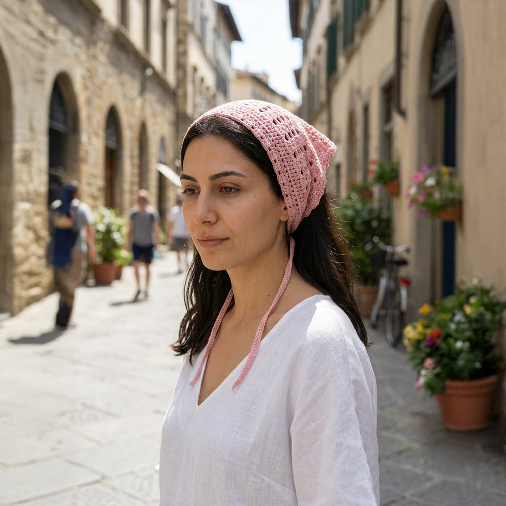 Çiçek Dantelli Örgü Bandana | Pudra Pembe ve 5 Farklı Renk