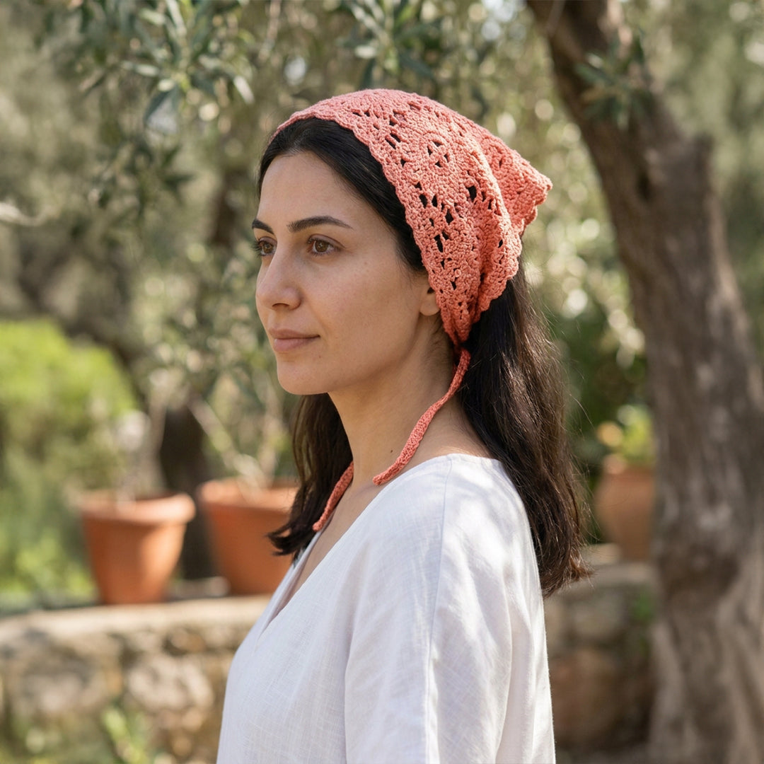 Çiçek Dantelli Örgü Bandana | Pudra Pembe ve 5 Farklı Renk