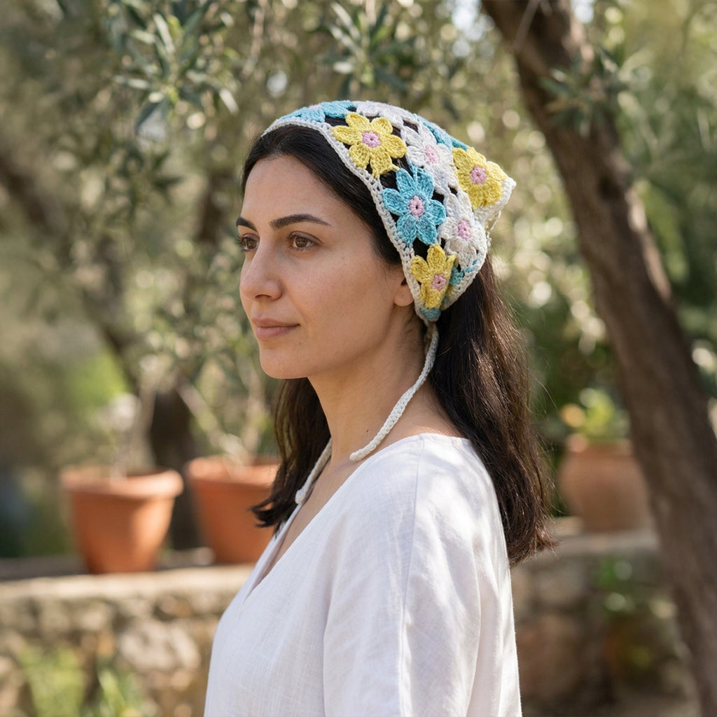 Renkli Papatya Desenli Örgü Bandana
