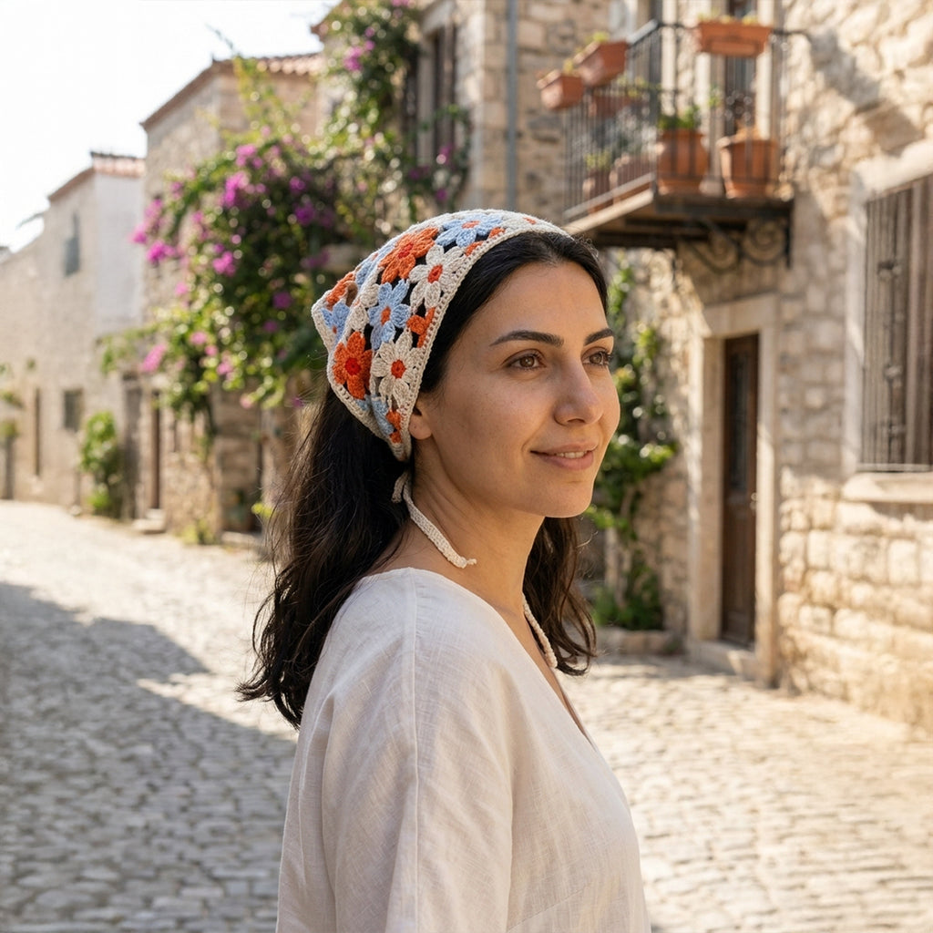 Renkli Papatya Desenli Örgü Bandana