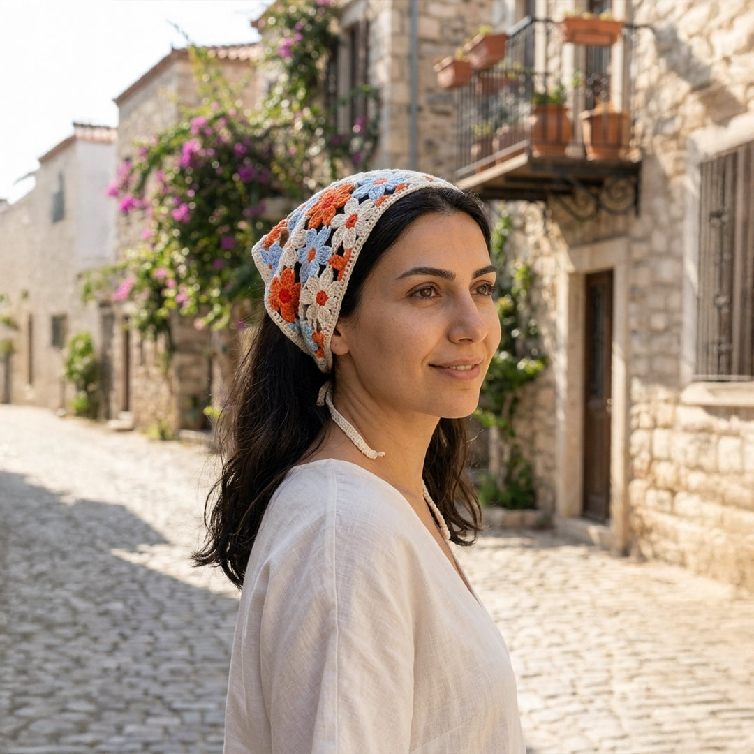 Renkli Papatya Desenli Örgü Bandana