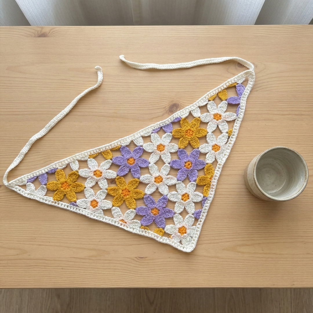 Renkli Papatya Desenli Örgü Bandana-B006