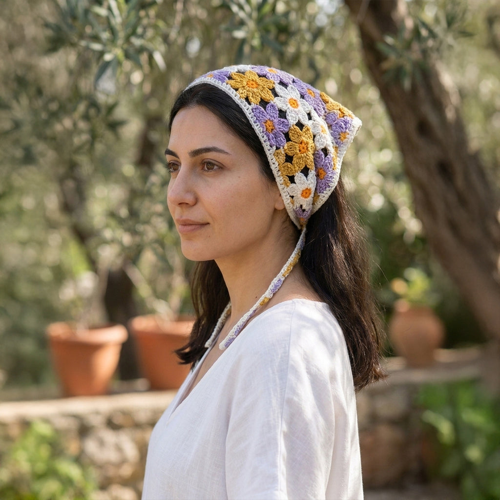 Renkli Papatya Desenli Örgü Bandana