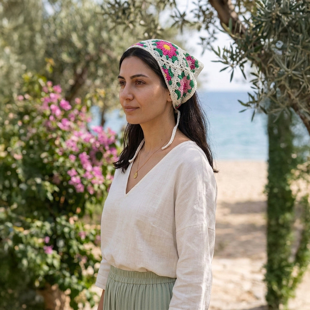 Çiçek Desenli Örgü Bandana-B015