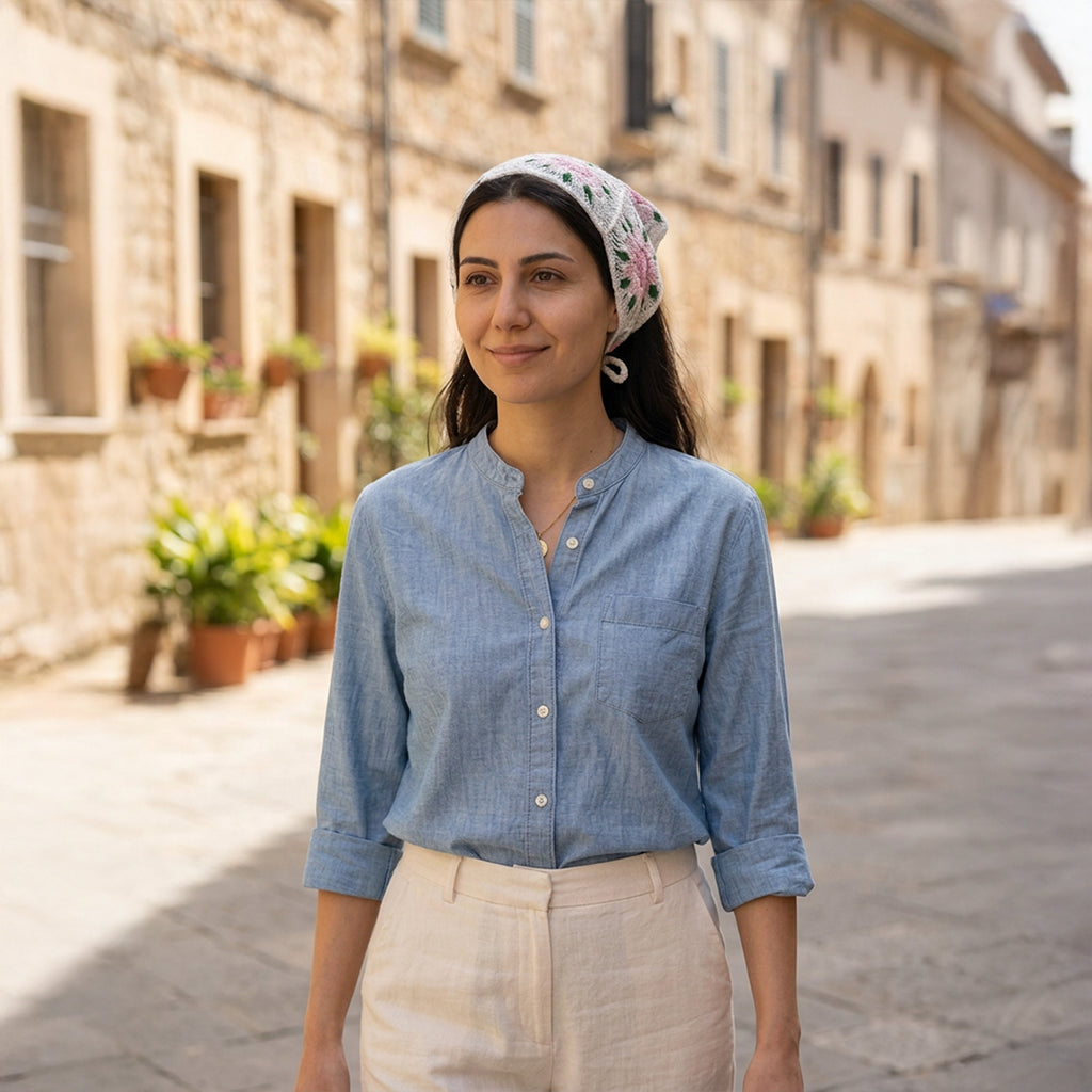 Dairesel Çiçek Desenli Örgü Bandana | Vintage Tarz - B016