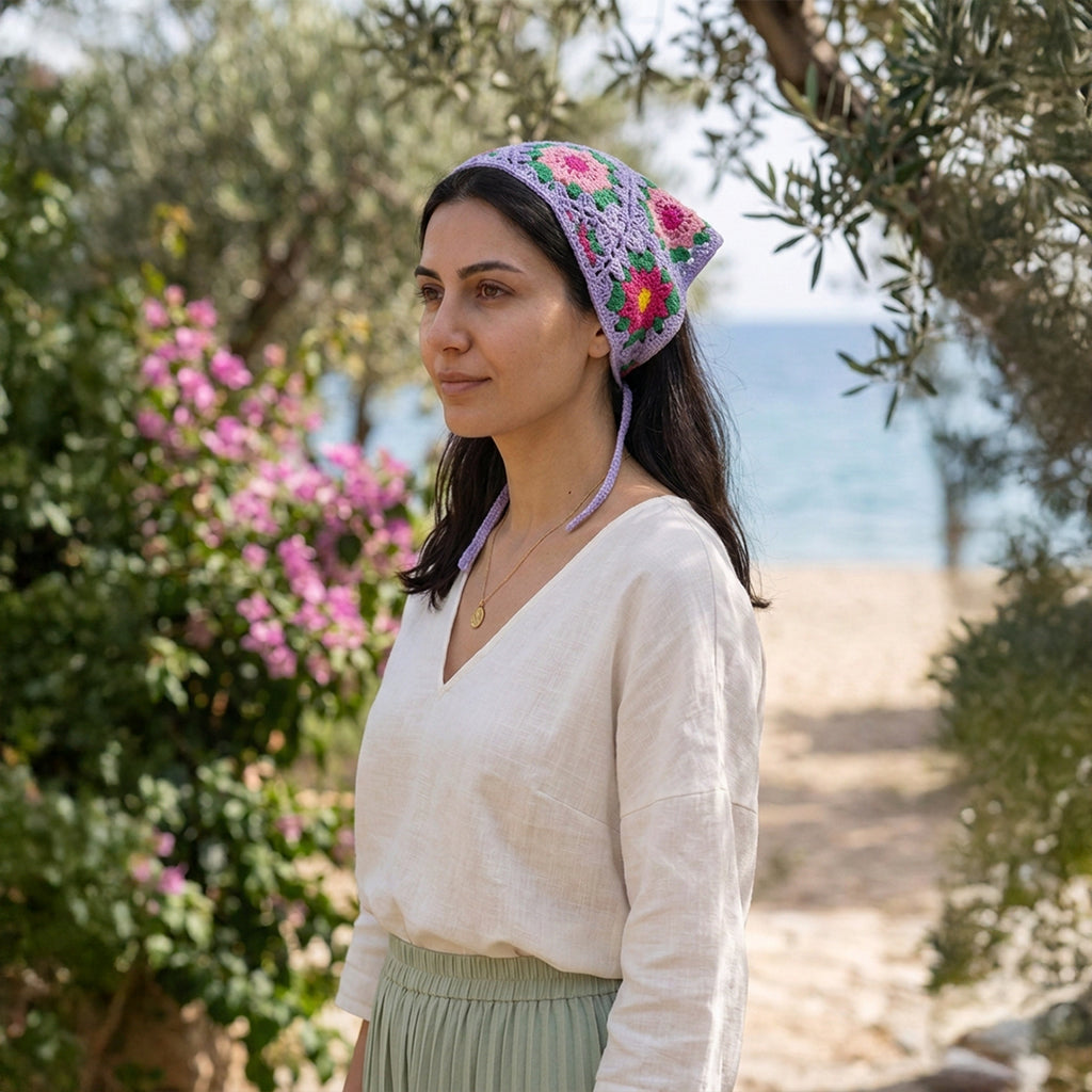 Çiçek Desenli Örgü Bandana-B015