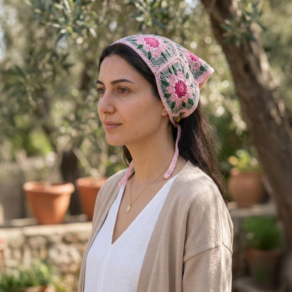 Çiçek Desenli Örgü Bandana-B015
