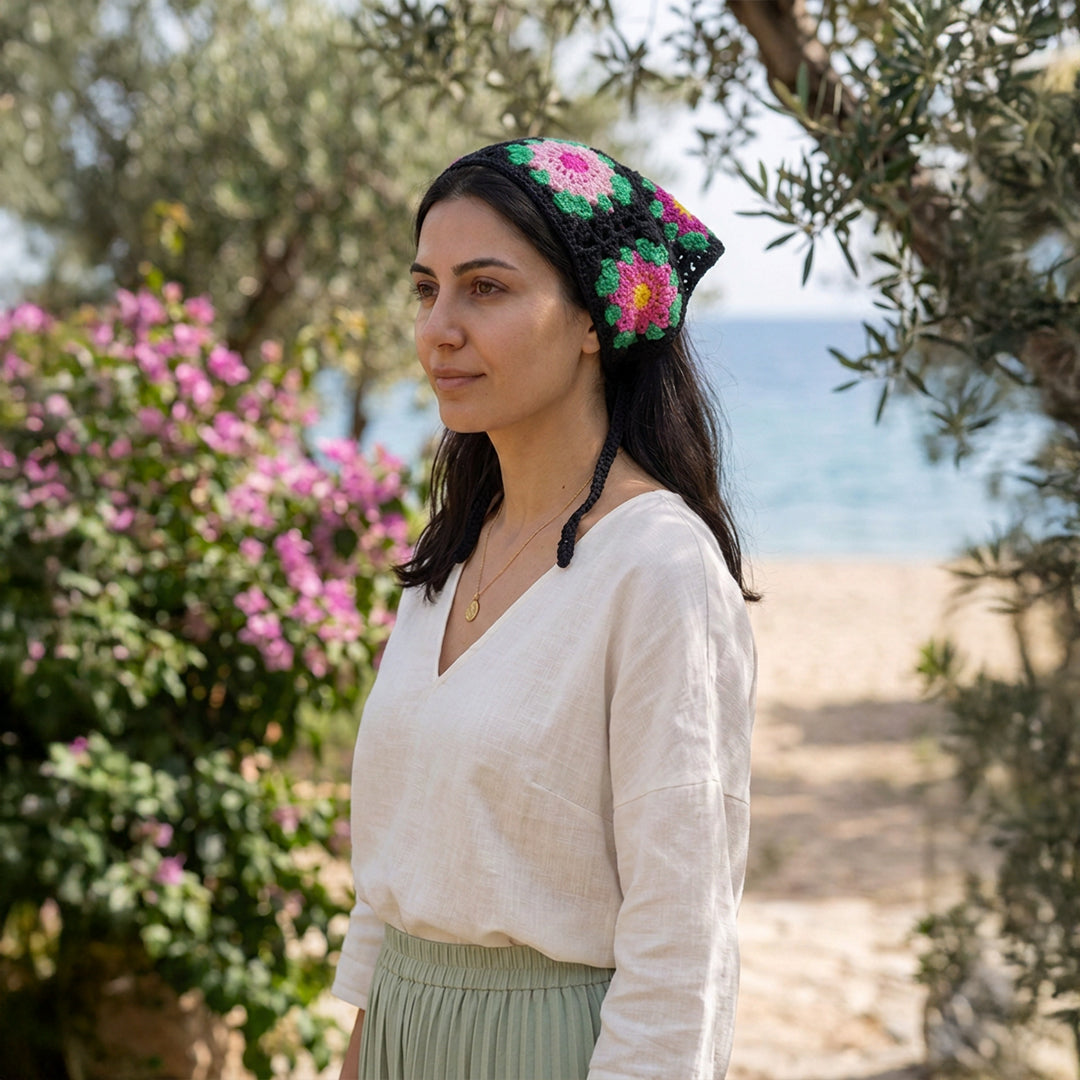 Çiçek Desenli Örgü Bandana-B015
