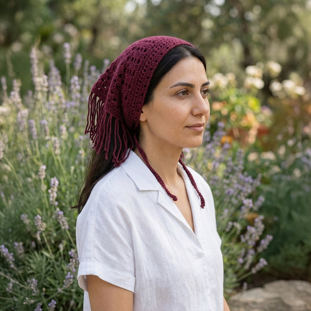 Püsküllü Fileli Örgü Bandana | Bohem Tarz