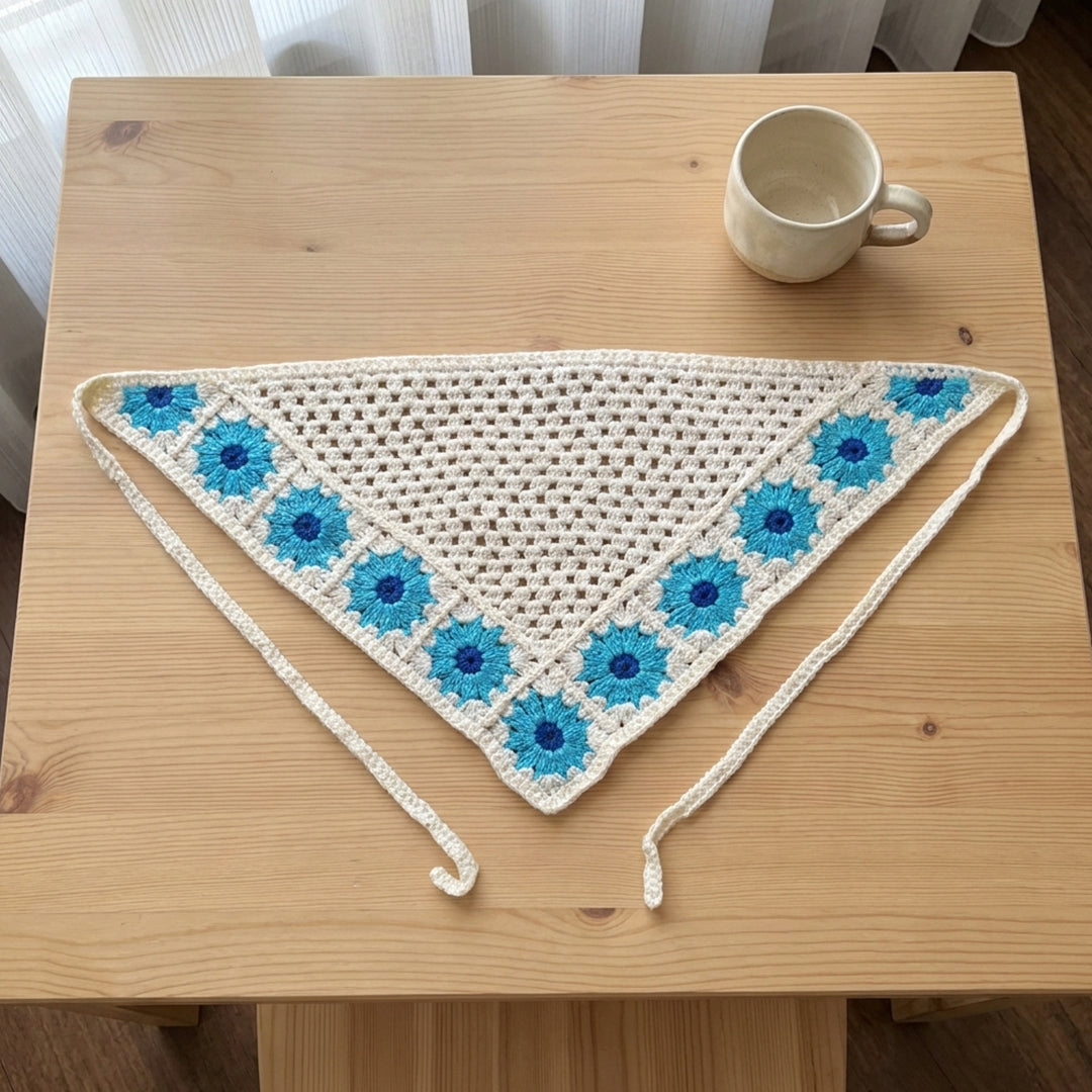 Papatya Kenarlı Örgü Bandana | Kontrast Desen