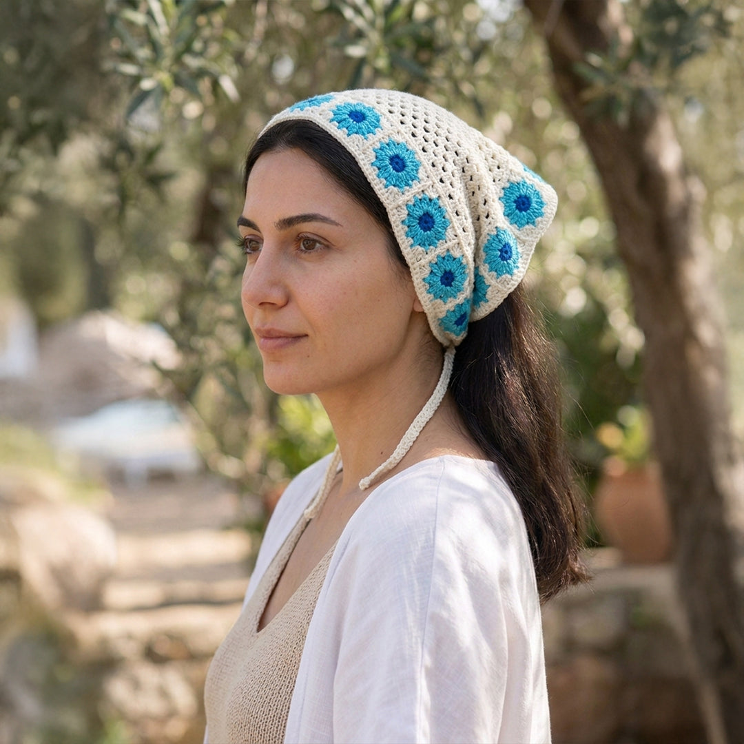 Papatya Kenarlı Örgü Bandana | Kontrast Desen