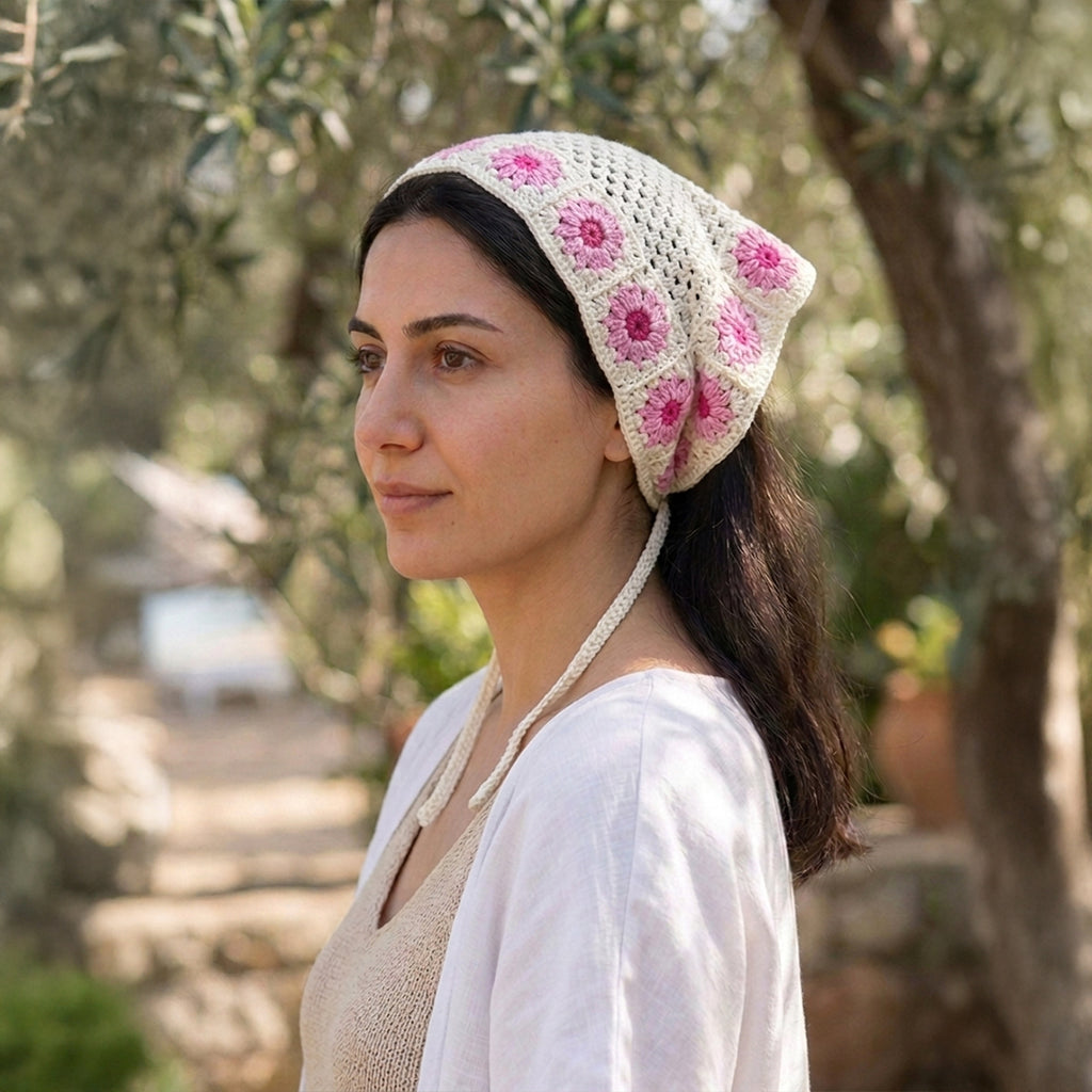 Papatya Kenarlı Örgü Bandana | Kontrast Desen