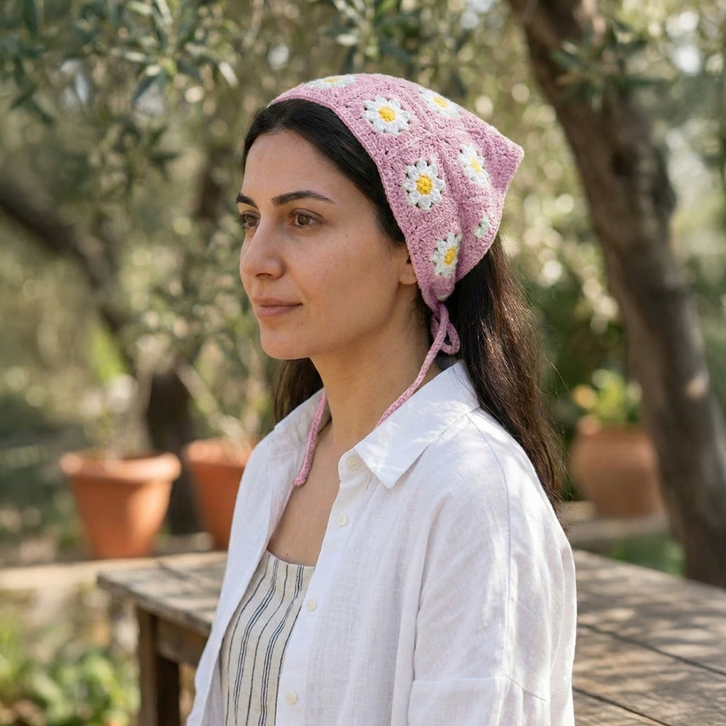 Papatya Desenli Örgü Bandana | Granny Square