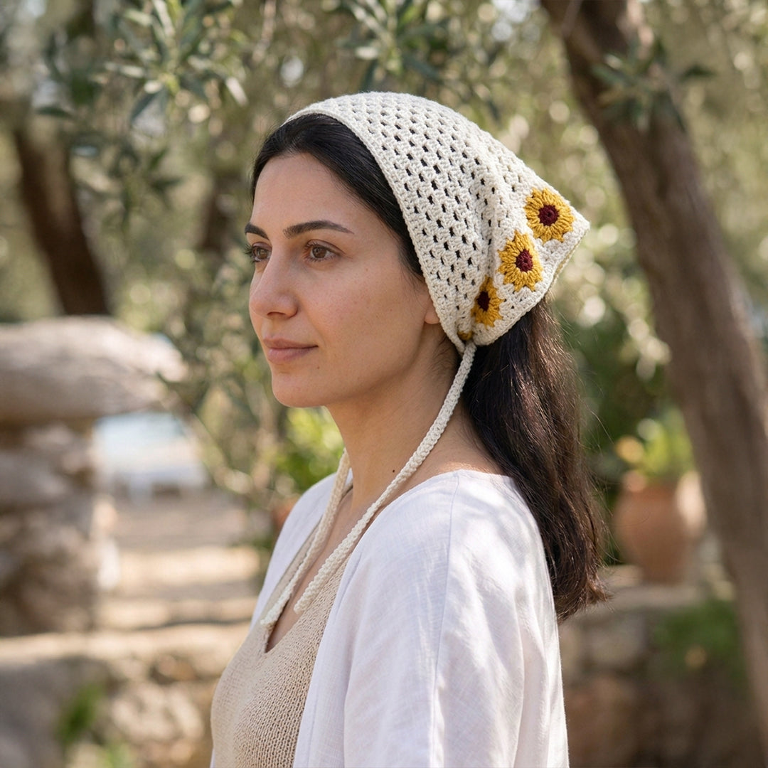 Papatya Kenarlı Örgü Bandana | Kontrast Desen
