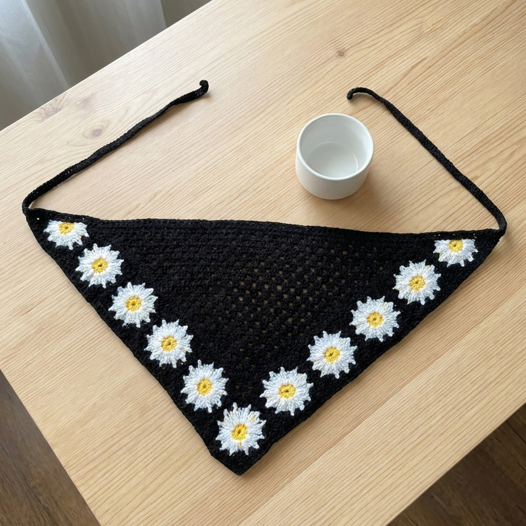 Papatya Kenarlı Örgü Bandana | Kontrast Desen
