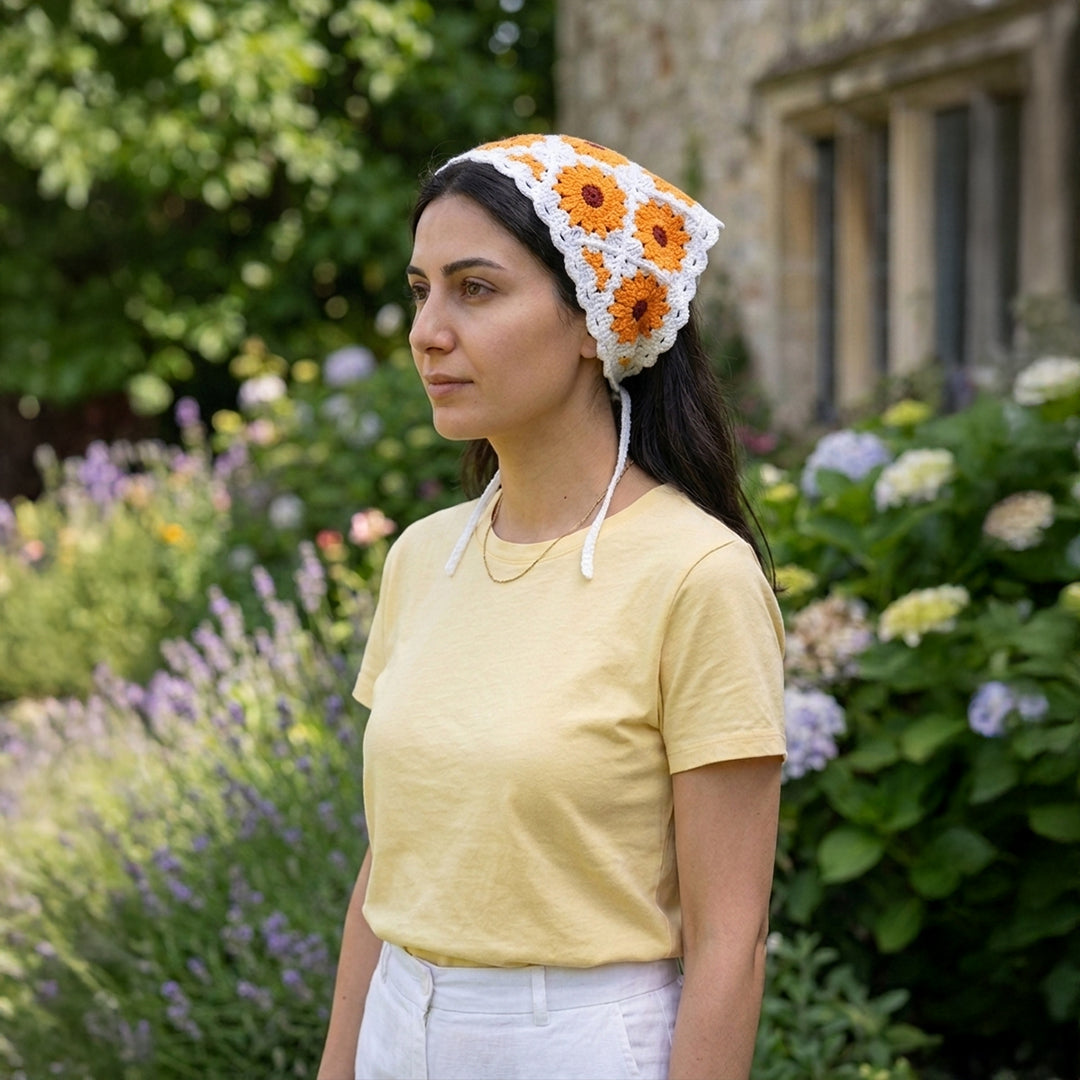 Ayçiçeği Desenli Örgü Bandana | Dantelli