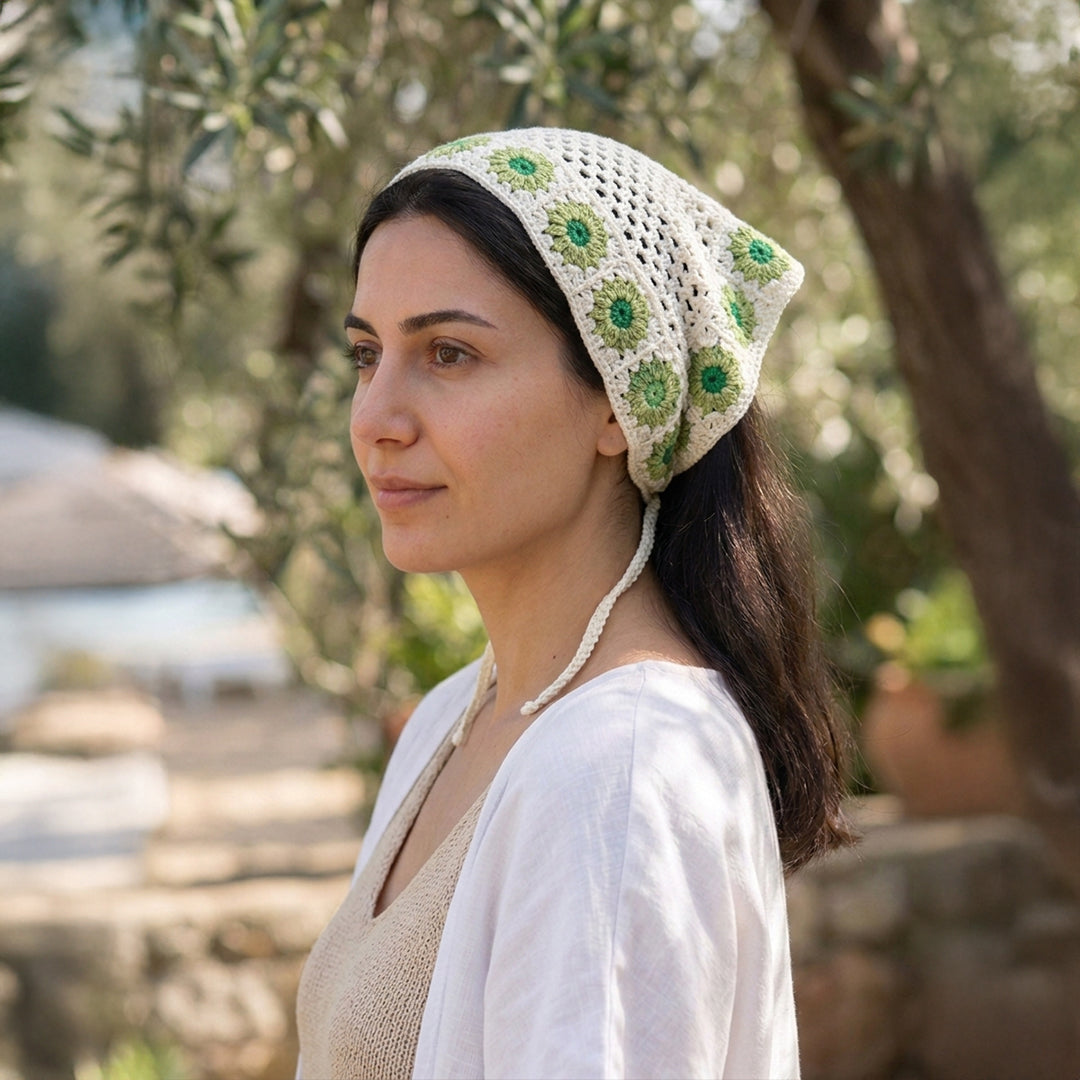 Papatya Kenarlı Örgü Bandana | Kontrast Desen