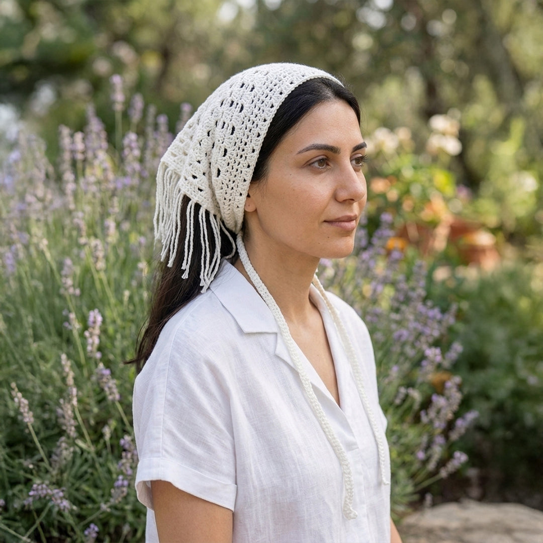 Püsküllü Fileli Örgü Bandana | Bohem Tarz