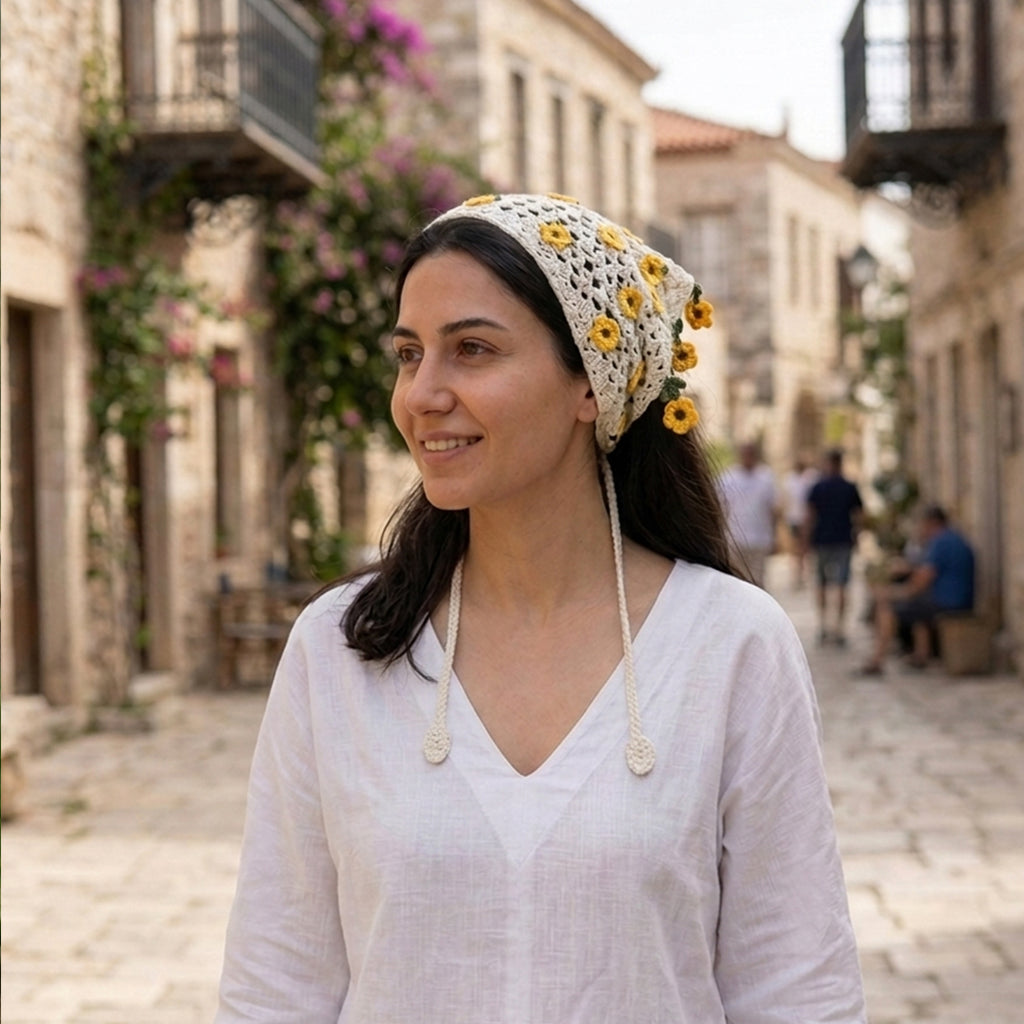 Çiçekli Saçaklı Örgü Bandana