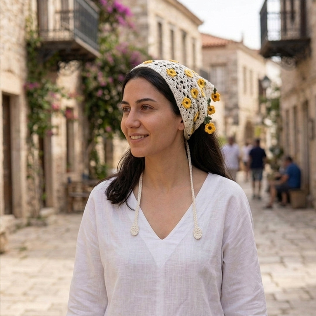 Çiçekli Saçaklı Örgü Bandana