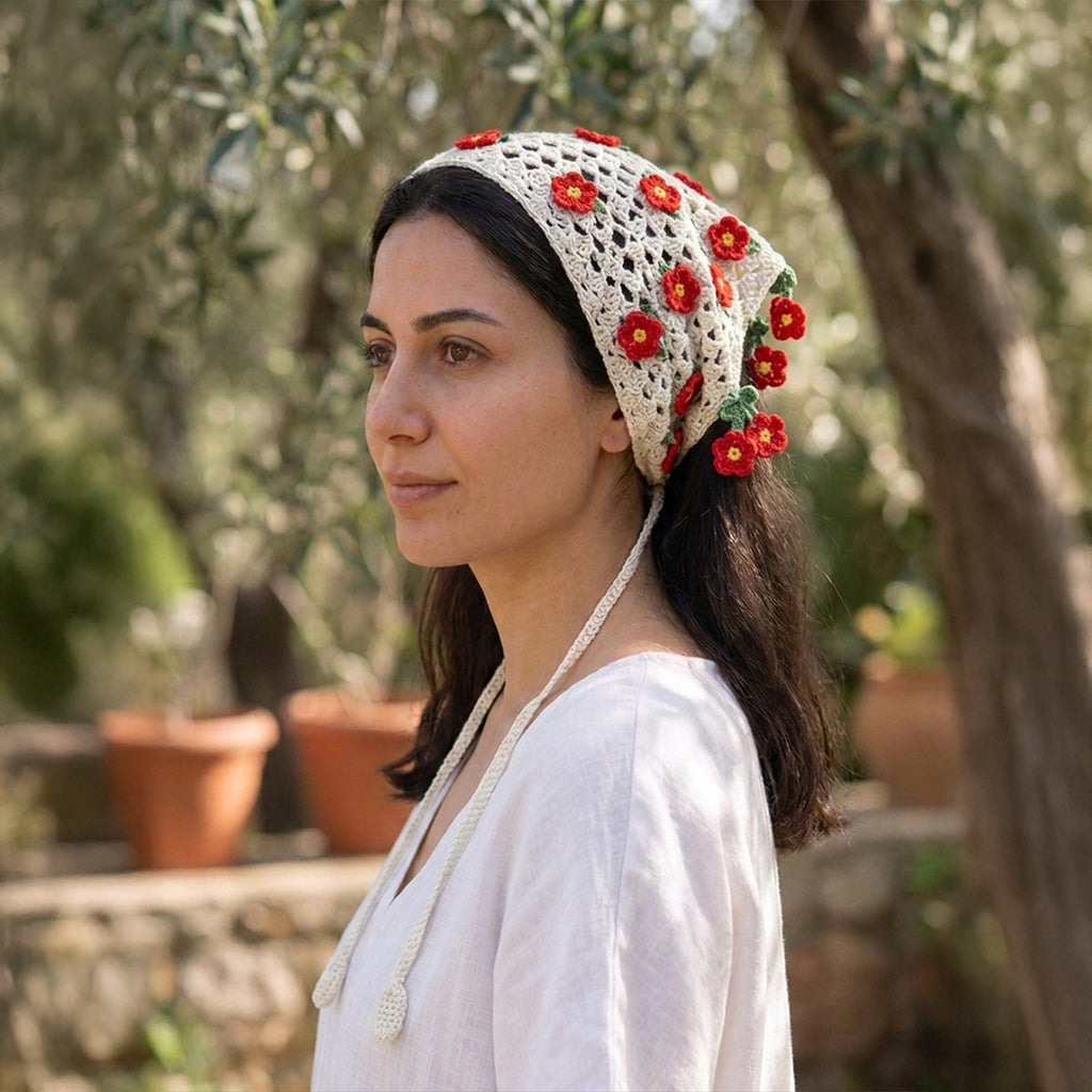 Çiçekli Saçaklı Örgü Bandana