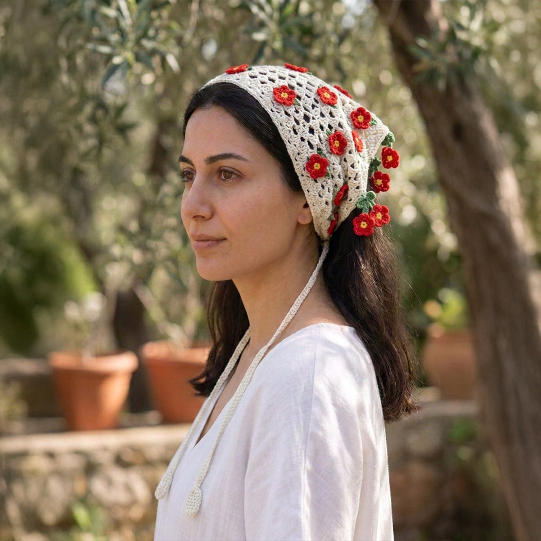 Çiçekli Saçaklı Örgü Bandana