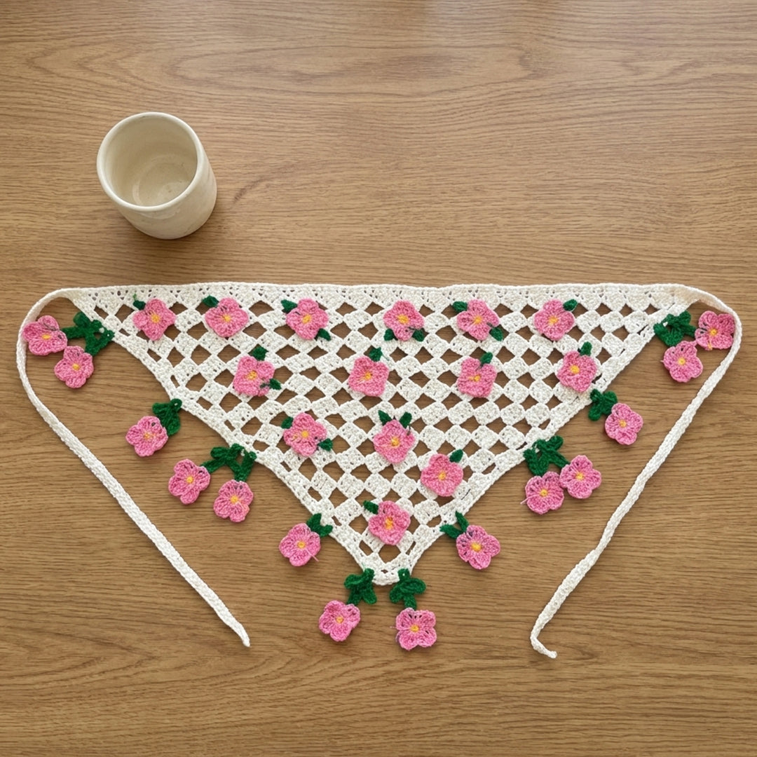Çiçekli Saçaklı Örgü Bandana-B009
