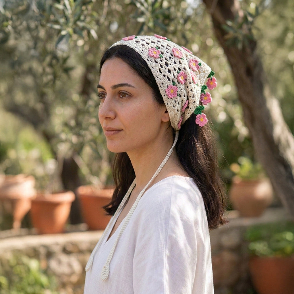Çiçekli Saçaklı Örgü Bandana