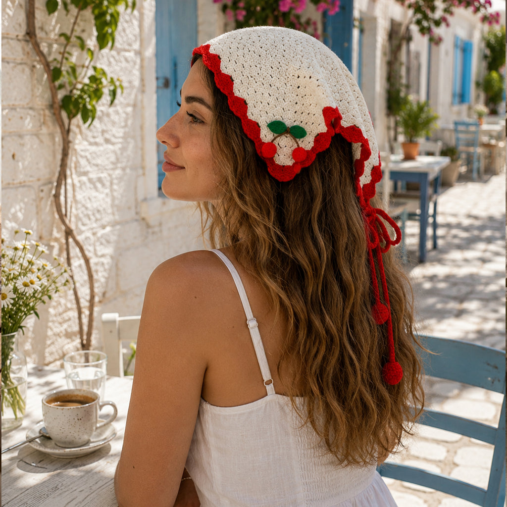 Kiraz Detaylı Örgü Bandana | Renkli Yazlık - B024