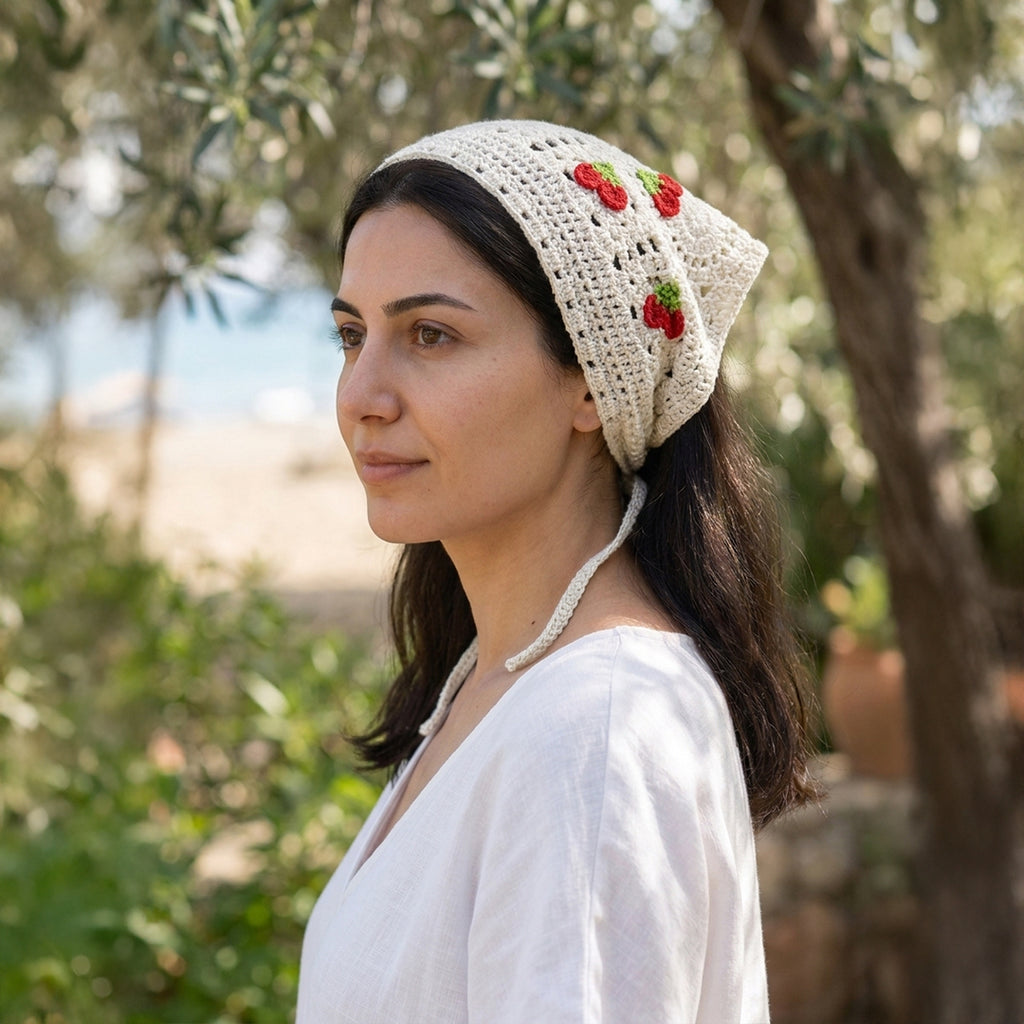 Kirazlı Örgü Bandana | Medalyon Desenli - B025