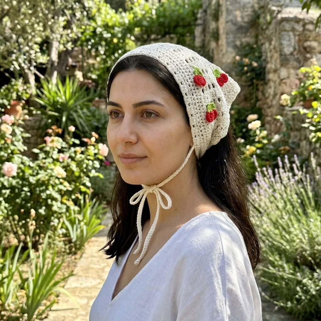 Kirazlı Örgü Bandana | Medalyon Desenli - B025